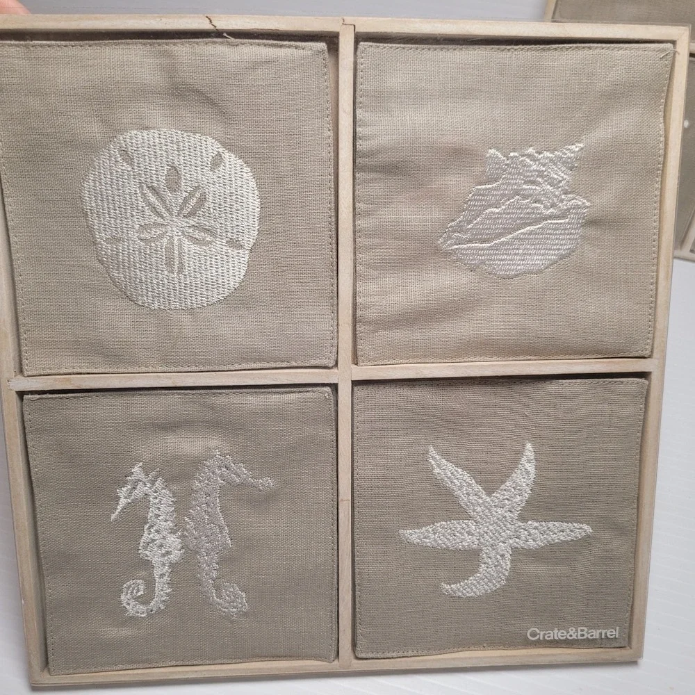 2 Crate & Barrel Linen/Cotton Blend Seaside Coasters Sets Seahorse Starfish NEW